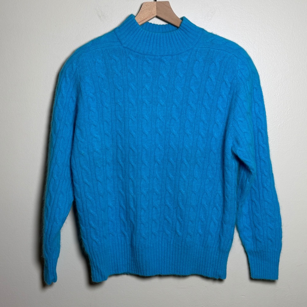 Courtenay Womens Lambswool Angora Sweater M Blue Cable Knit Mock Winter Soft 90s